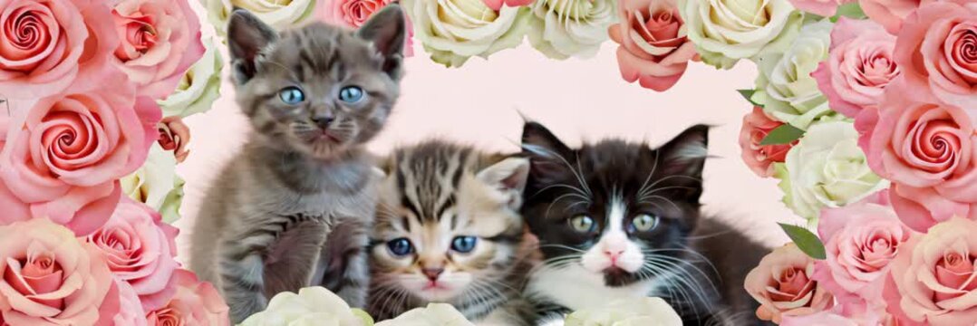 Three cute kittens framed by pink and white roses, romantic pet greeting concept, website banner