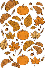 Fototapeta premium Hand drawn autumn bakery and botanical element set with croissants, pumpkins, leaves, and wheat isolated on transparent background