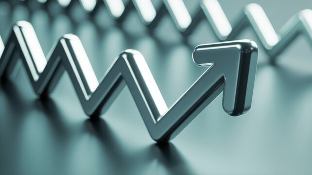 Abstract metallic arrow shape showing upward financial growth and success trends.