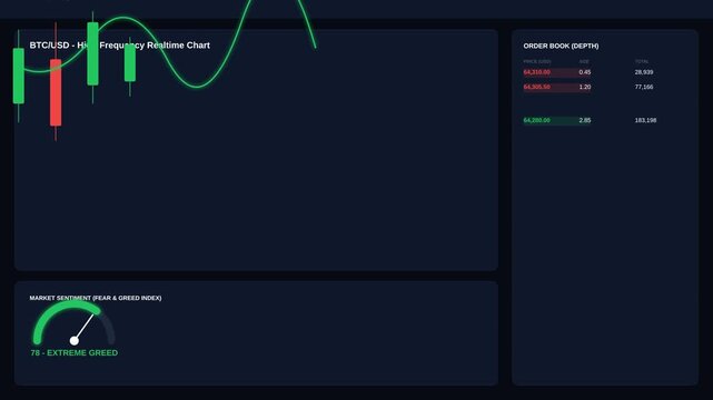 Bitcoin Price Dashboard Displaying Live Trading Charts Order Book Data and Market Sentiment Meter
