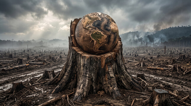 Massive tree stump transformed into a globe, symbolizing how deforestation in the Amazon affects the entire planet, dramatic lighting