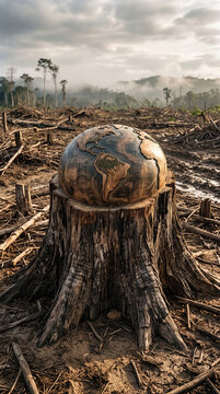 Massive tree stump transformed into a globe, symbolizing how deforestation in the Amazon affects the entire planet, dramatic lighting