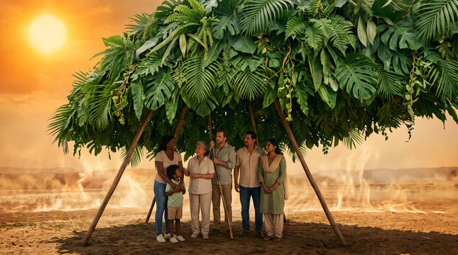 Umbrella made from lush Amazon leaves protecting people from extreme heat and blazing sunlight, symbolic concept of the rainforest regulating Earth's climate