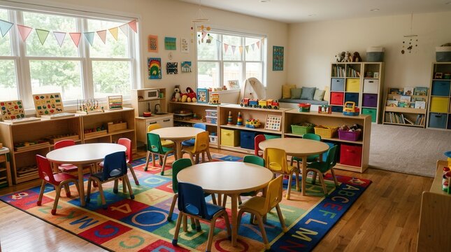 Bright wide shot of an empty kindergarten classroom with colorful chairs ready for back to school.