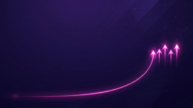 Abstract dark purple background with glowing pink neon arrows pointing upward for business success, stock market, and presentation concept