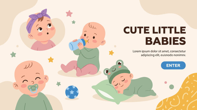 Cute little babies collection with sleeping resting and feeding infant children isolated
