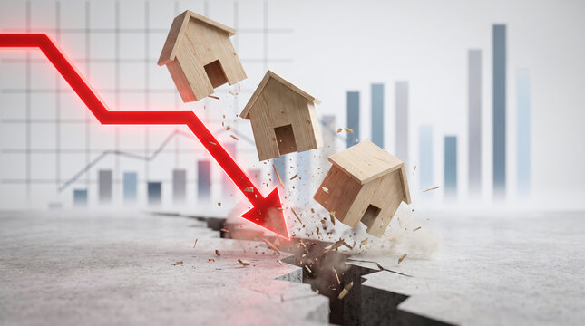 houses red falling arrow breaking into a cracked concrete floor symbolizing a real estate market crash and economic crisis.