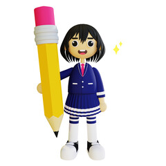 3D render of a schoolgirl holding a giant pencil
