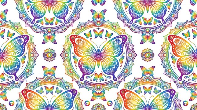 Rainbow butterfly mandala seamless pattern on a white background