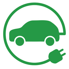 Green Electric Vehicle Car Icon with Plug Cable for EV Charging Station