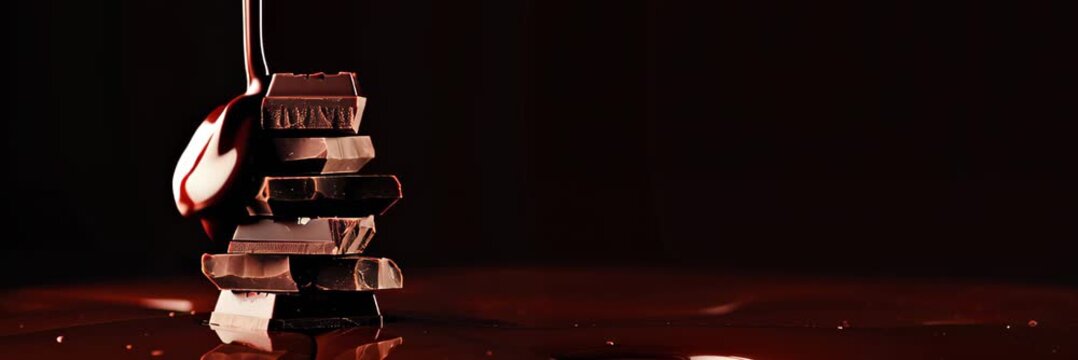 Stacked chocolate pieces covered with dripping sauce, indulgent dessert concept, website banner with copy space for text