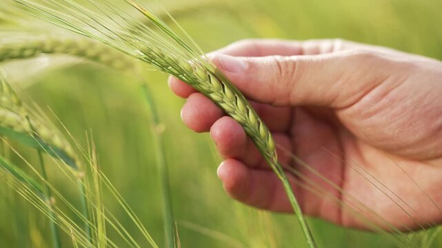 Farmer hand touching green wheat ear. Close-up of crop inspection in wheat field. Fingers gently hold barley spike. Green cereal grain grows in farmland. Wheat crop check during growing season.