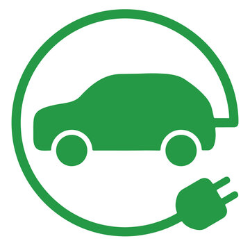Green Electric Vehicle Car Icon with Plug Cable for EV Charging Station