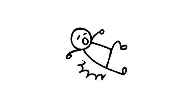 4K hand drawn person tripping or falling pop-up icon featuring boiling line animation. Frame by frame line art on black and green screen backgrounds for stumble accident, obstacle hazard, slip watch.
