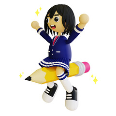 3D render of a schoolgirl riding a giant flying pencil