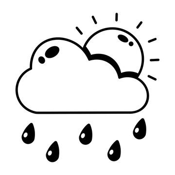 Glyph sun and cloud icon with light rain falling during sunshine.
