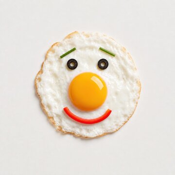 Happy fried egg face made with vegetables on white background