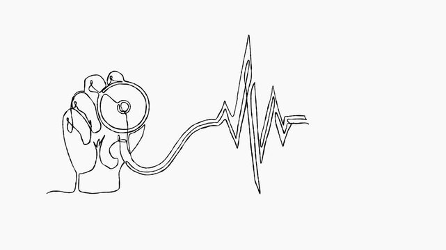 Doctor Hand with Stethoscope and Heartbeat Line Flowing into Heart in One Line Watercolor Animation of Healthcare
