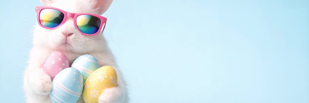 White Easter bunny wearing rainbow sunglasses with pastel eggs, playful spring holiday concept, website banner with copy space for text