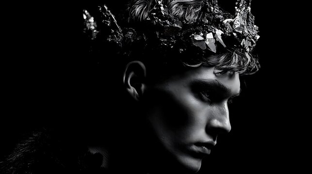 Prompt: A powerful dark Renaissance side-profile portrait of a young prince. He wears a jagged crown made of raw, metallic asteroid fragments that float half an inch above his head, casting 