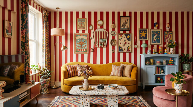 retro carnival style living room interior with red and white striped walls and yellow sofa