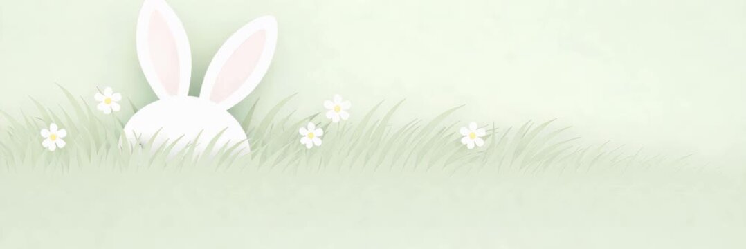 White bunny ears peeking from spring grass with daisies, Easter greeting concept, website banner with copy space for text