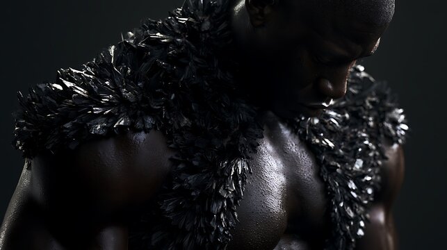 Prompt: A portrait of a muscular man looking down under heavy stress. His shoulders and neck are covered in a dense, heavy layer of matte black crystalline structures that seem to pull light 