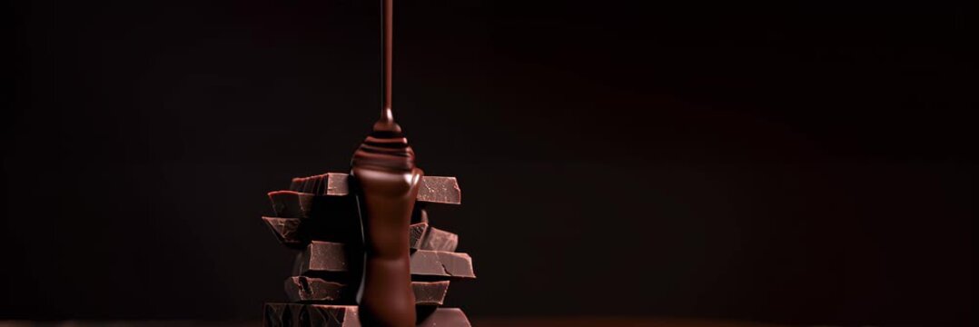 Stacked dark chocolate bars with melted chocolate pouring down, indulgent dessert concept, website banner