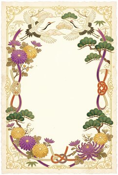 Japanese traditional frame with chrysanthemums cranes pine and mizuhiki cords on washi paper