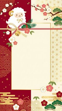 Japanese new year card background with a cute sheep gold patterns plum blossoms and mizuhiki cords