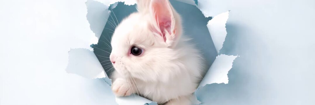 White rabbit peeking through torn paper, playful Easter greeting concept, website banner with copy space for text