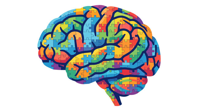 Colorful jigsaw puzzle brain illustration, human mind logic and mental health concept, vibrant brain anatomy made of puzzle pieces isolated PNG with Transparent Background