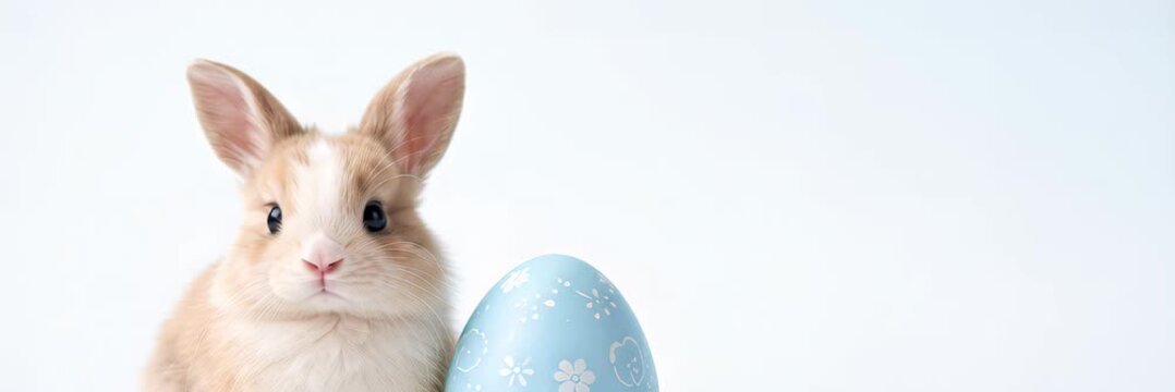 Cute rabbit beside decorated blue Easter egg, spring holiday greeting concept, website banner with copy space for text