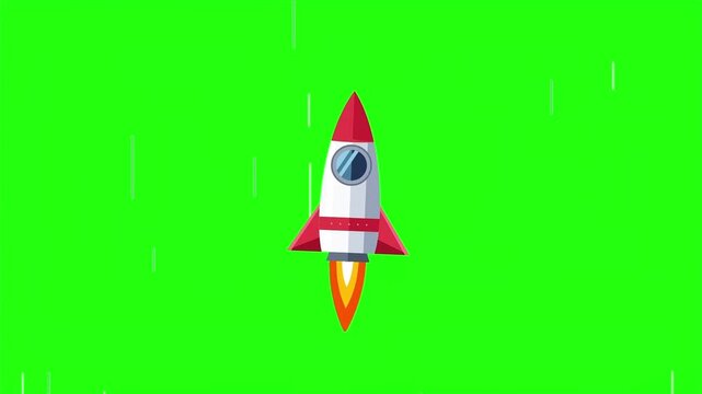 2D green screen animation of a red and white rocket flying upwards with a long particle trail effect