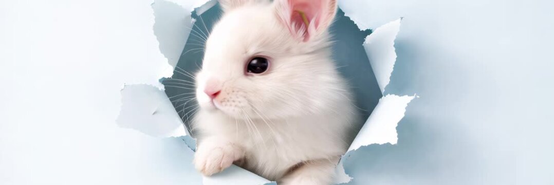 White rabbit peeking through torn paper, playful Easter greeting concept, website banner with copy space for text