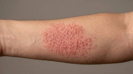 Fototapeta premium Close up of allergic skin rash with red hives on human arm