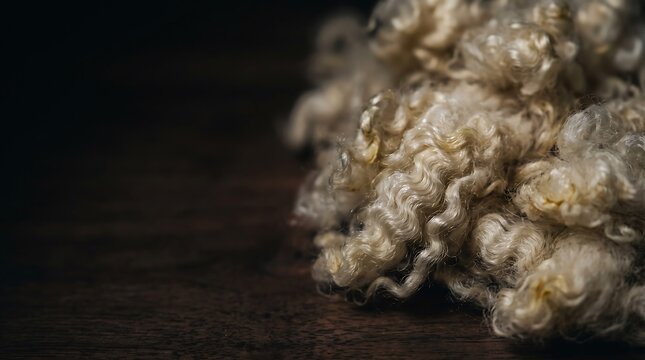 Natural raw sheep wool fiber on dark wooden table
