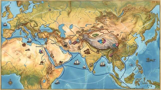 Ancient trade routes across eurasia and africa on historical map