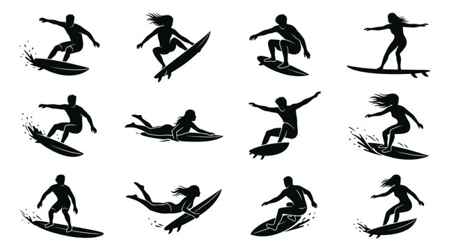 Professional surfers perform dynamic tricks on ocean waves depicted in black minimalist solid vector silhouettes