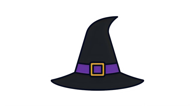 Classic black witch hat with purple ribbon detail halloween costume prop isolated on transparent background