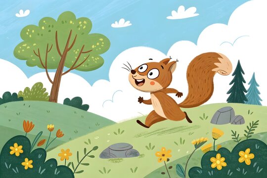 Happy cartoon squirrel running in a meadow
