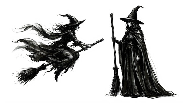 Vintage style illustration of a witch flying and a wizard with a staff isolated on transparent background