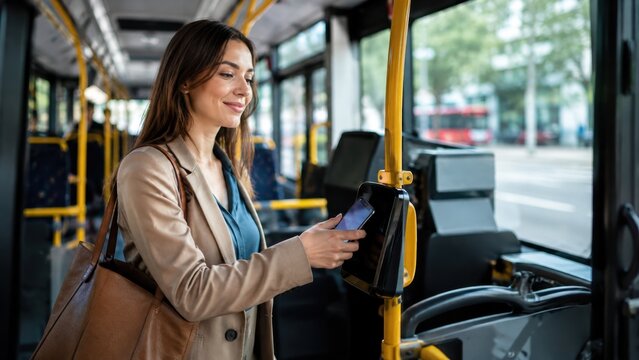 Smiling young woman paying for ride with smartphone NFC contactless technology at electronic validator in modern bus. Smart ticketing, wireless payment, and urban mobility concept.
