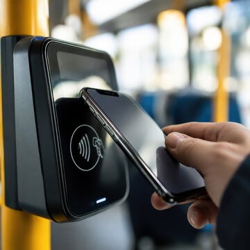 Close up of passenger paying for ride using smartphone NFC contactless technology at electronic validator in public transport. Smart ticketing, wireless payment, and urban mobility concept.