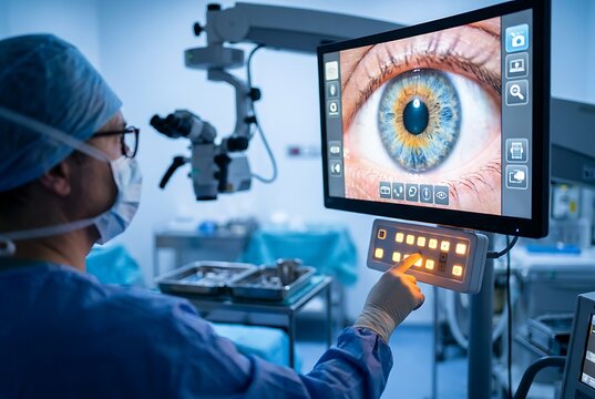 Ophthalmologist surgeon using advanced medical equipment to examine large eye image on screen during surgery in operating room.
