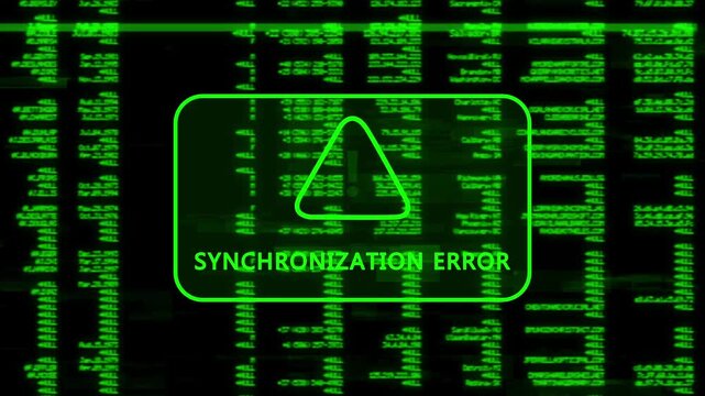 A warning message written SYNCHRONIZATION ERROR on the background of a computer screen interface, scrolling lines of green code data, cybersecurity risk and system warning animation.