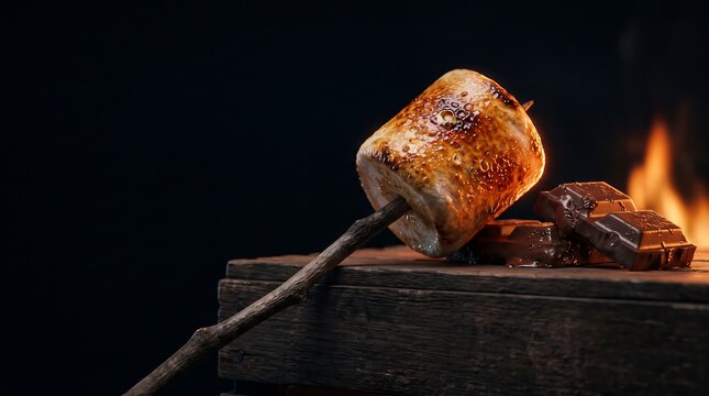 Roasted Marshmallow on a Stick with Dark Chocolate by Campfire