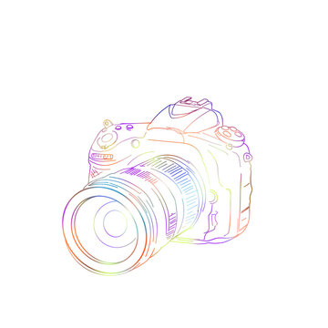 Colorful line illustration of a DSLR camera with a large lens, without a background
