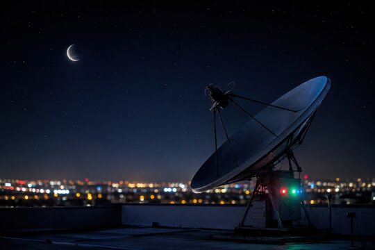 Satellite dish antenna on rooftop pointing at crescent moon and starry night sky with blurred city lights. Telecommunications, global communication, network signal, and urban night concept.