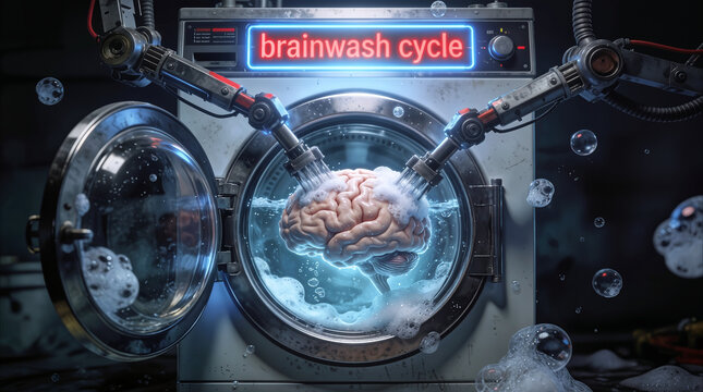 Robotic arms washing human brain inside laundry machine with brainwash cycle neon sign. Surreal laboratory experiment on mind control and psychological manipulation.